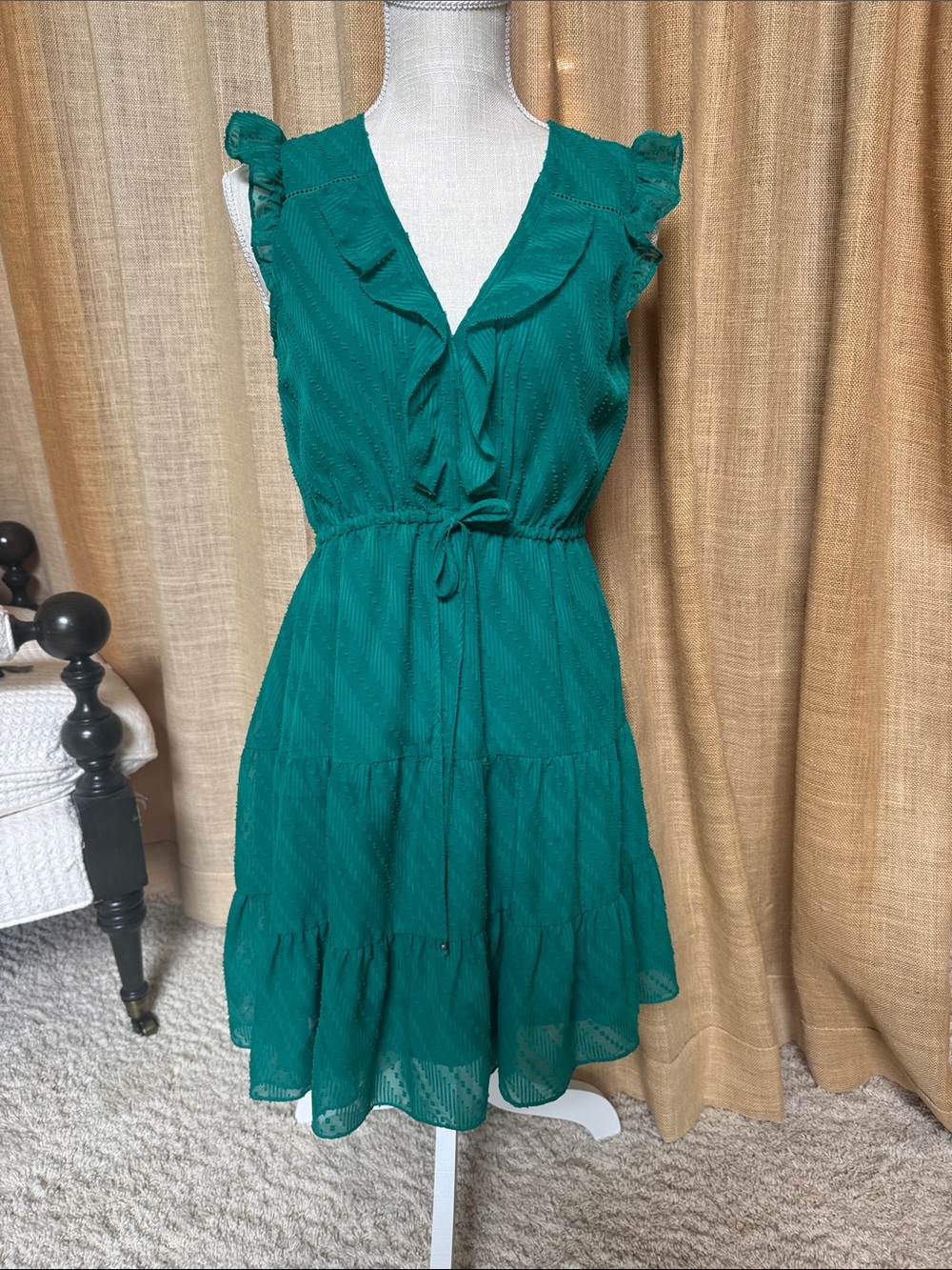 Anthropologie Emerald Green Ruffle Tie-Waist Midi Dress